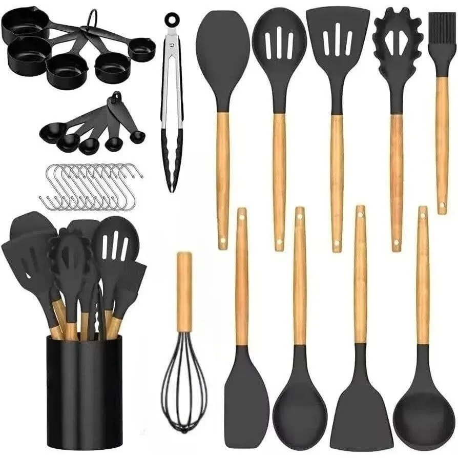 IUH Kitchen Utensil Set, 33 PCS Silicone Cooking Utensils Set with Wooden Handle, Heat Resistant, Nonstick Cookware Tongs Spatula Spoon Set, Cooking Spoons Set with Measuring Spoons