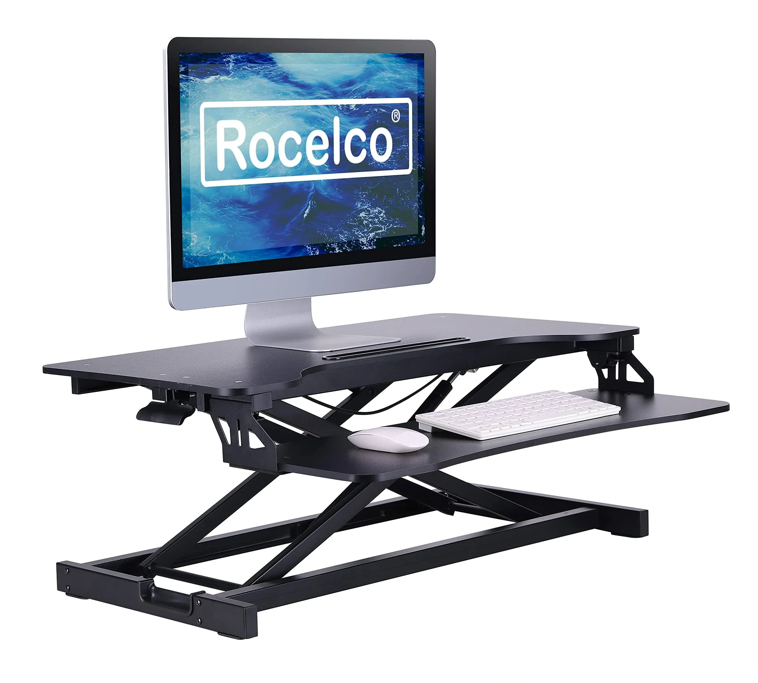 Rocelco Standing Desk Converter 31.5 Inch Sit Stand Up Dual Monitor Tabletop Riser with Tablet Mount, Height Adjustable Home Office Workstation - Deep Keyboard Tray for Laptop Mouse