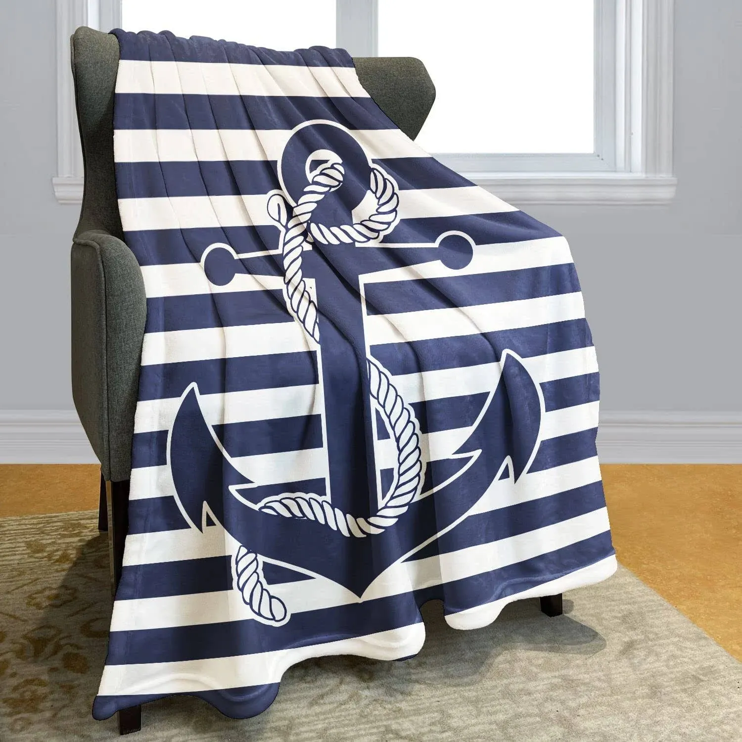 Navy Stripes Blanket Nautical Theme Anchor Throw Blanket Warm and Cosy for Bed Couch Office 60x80 Inches