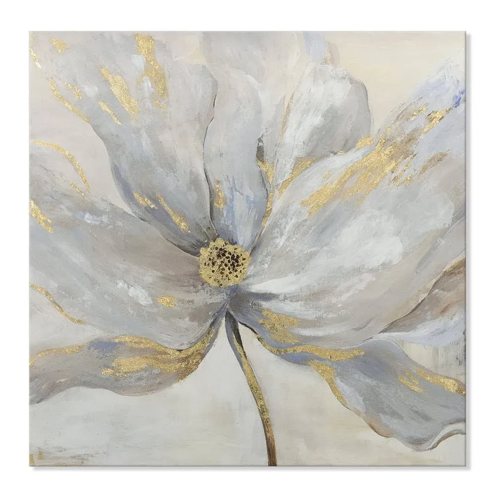  Wall Art Gold Grey Flower Canvas Pictures with Foil 24x24 Inch Floral