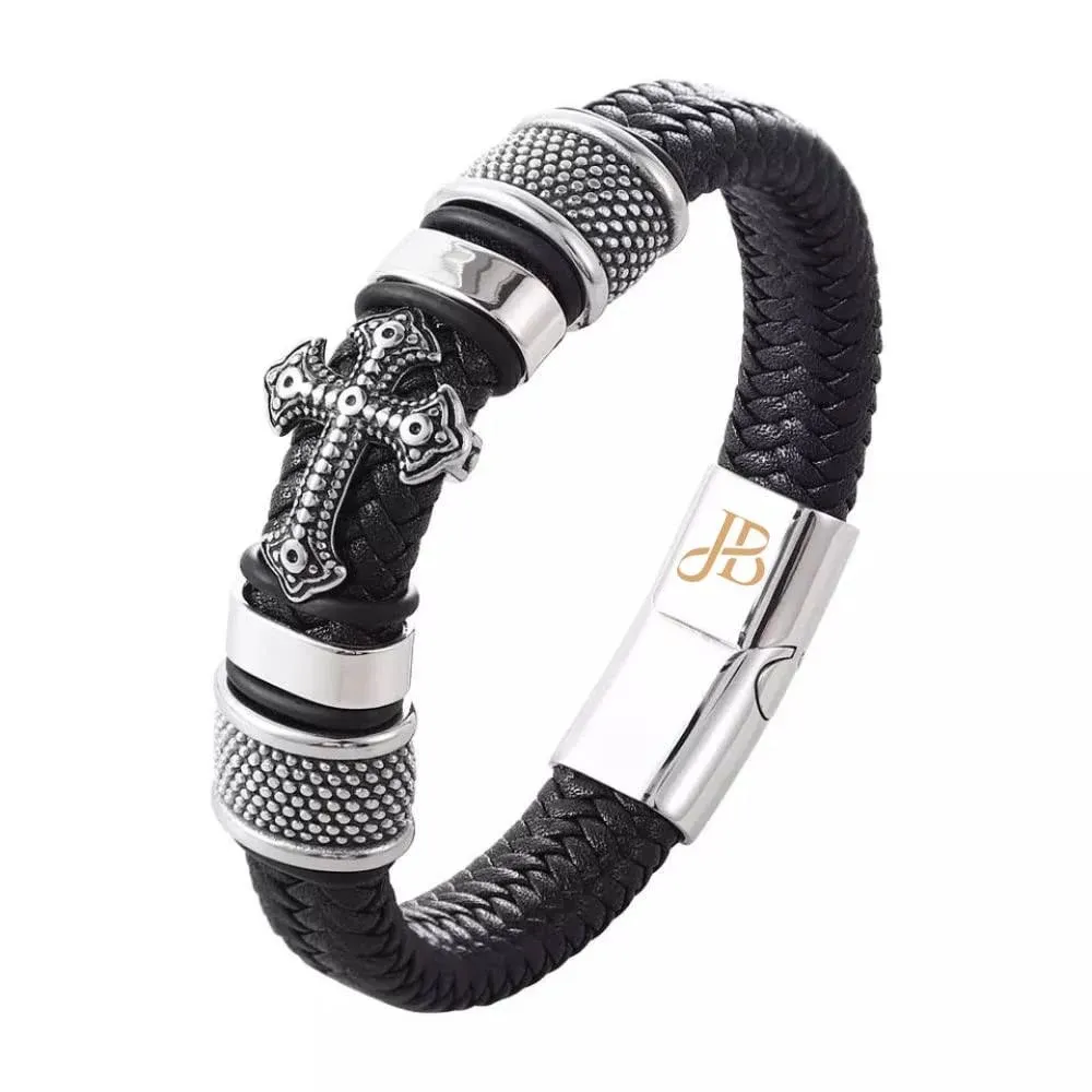 Jewellbox Black Leather Bracelet for Men With Latin Cross Size- 8'