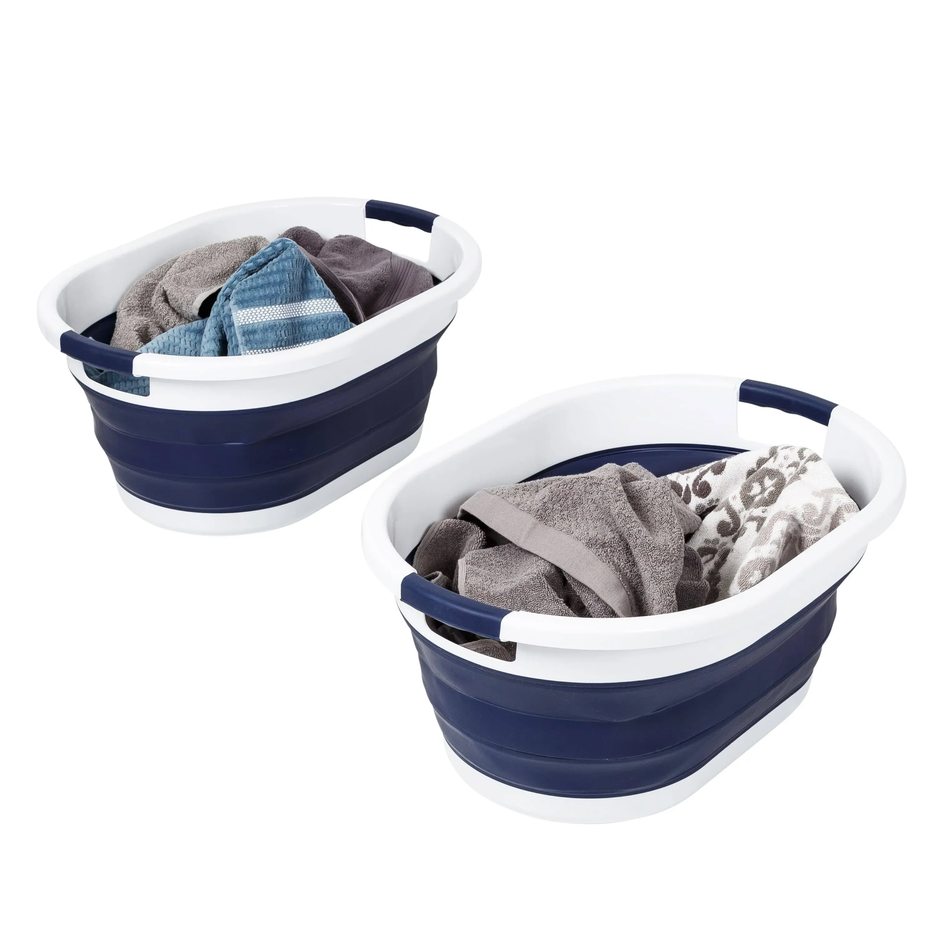 Honey Can Do Navy Blue/White Collapsible Rubber Laundry Baskets (Set of 2)