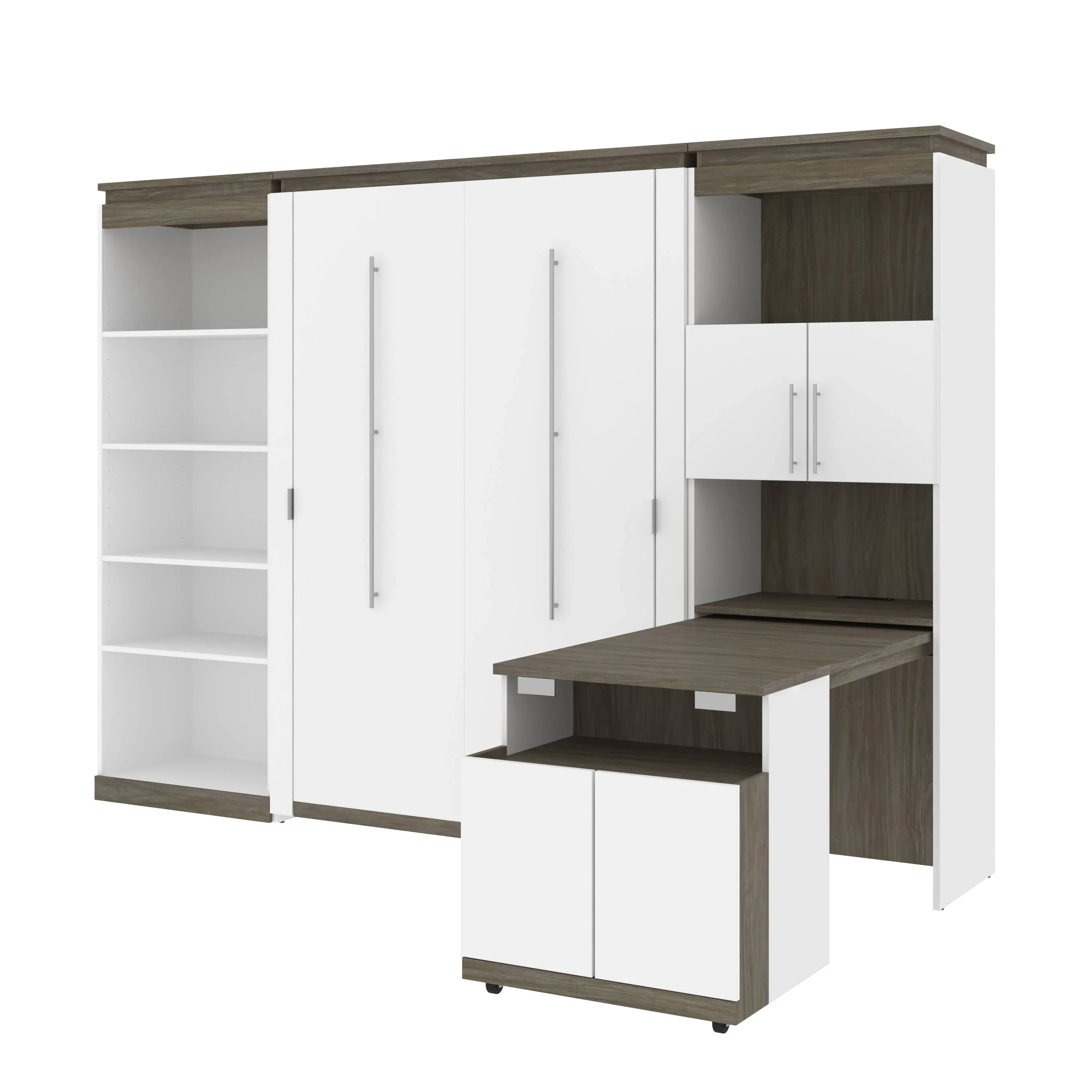 Bestar Orion 118W Full Murphy Bed with Shelving and Fold-Out Desk in White and Walnut Grey