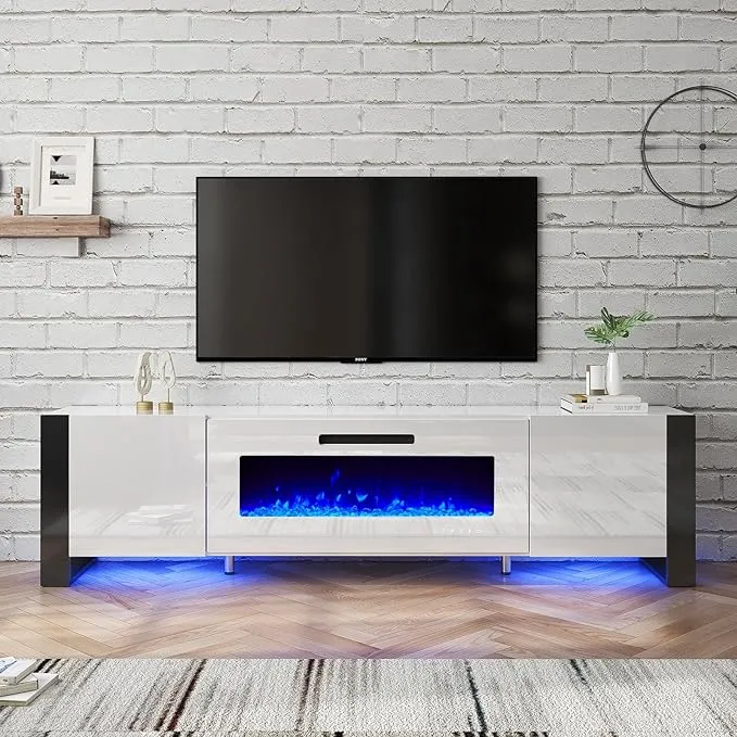 U-Shaped Legs 80" Fireplace TV Stand, Mirrored Finish Media Console with 40" Electric Fireplace, Modern LED Lights Storage Entertainment Center for TVs Up to 90", All White