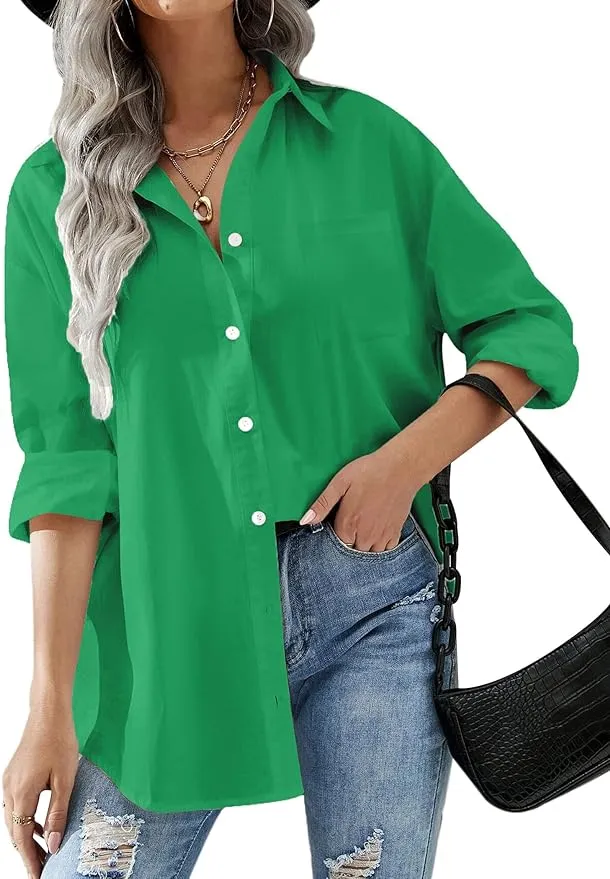 HOTOUCH Women Button Down Shirts Office Drop Shoulder Oversized Blouse Long Slee