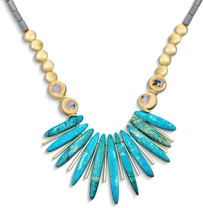 Gold Faceted Beads Compress Turquoise Stone Bib Fan Statement Necklace - Blue