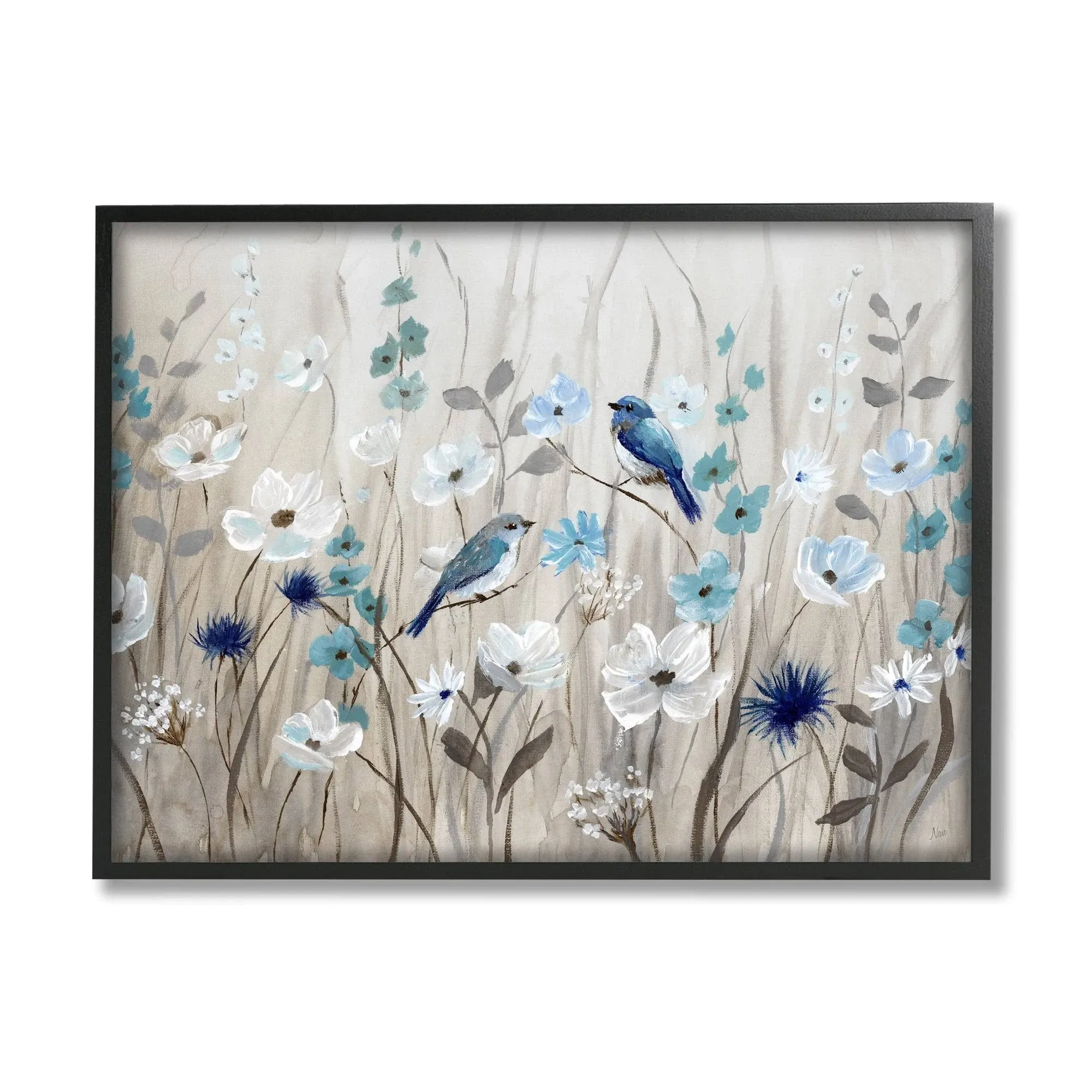 Stupell Birds Floral Meadow Blue White Blossoms Framed Wall Art - 30 x 24 - Black