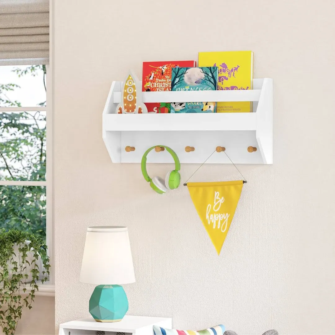 RiverRidge Kids Catch-All Wall Shelf with Bookrack and Hooks, White