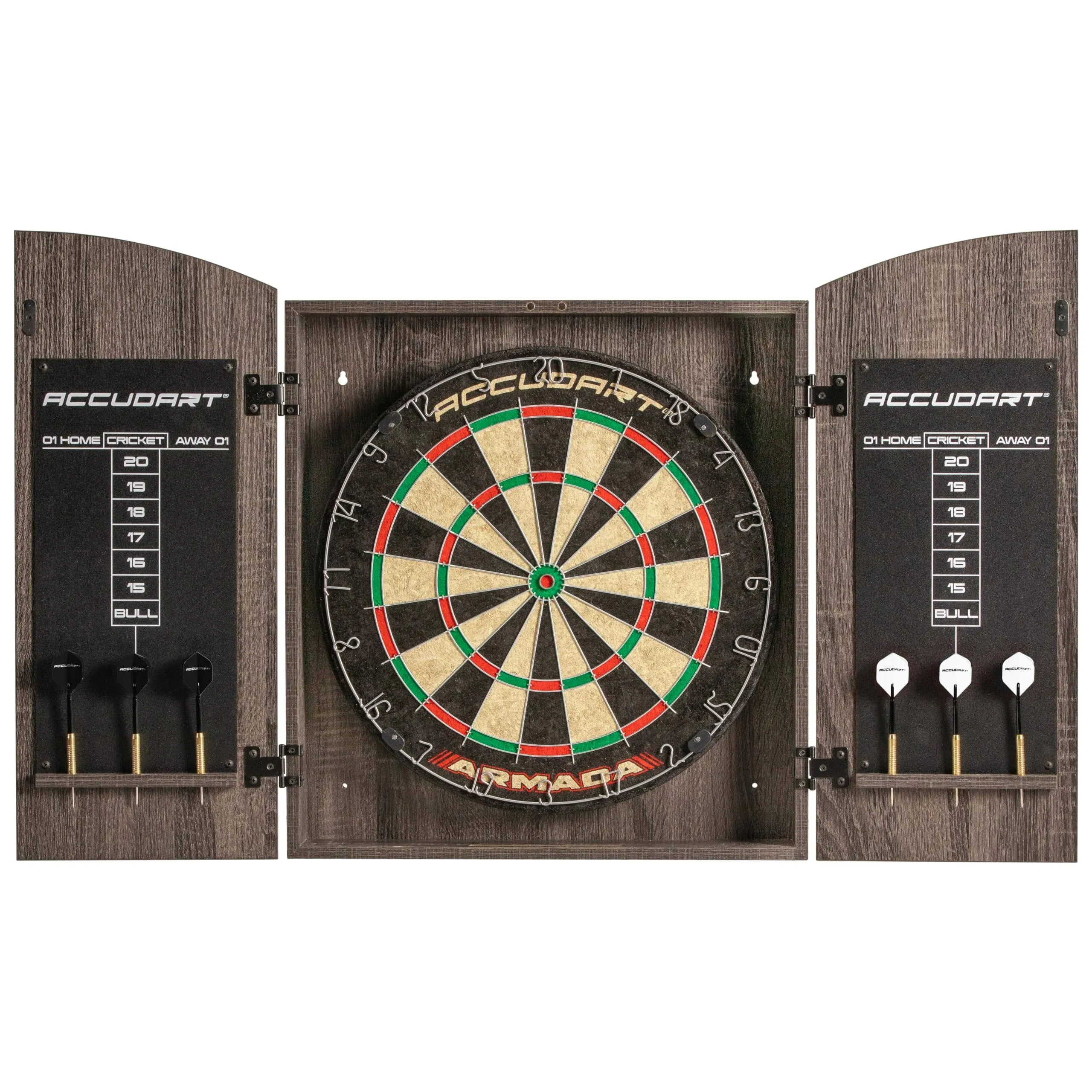 Accudart Armada Bristle Dartboard Cabinet Set - Official Size 18" x 1.5" - Self Healing Genuine Sisal - Wall Mount Cabinet Set - Round Spider Wires Reduce Bounce Outs - Rotatable Metal Number Ring