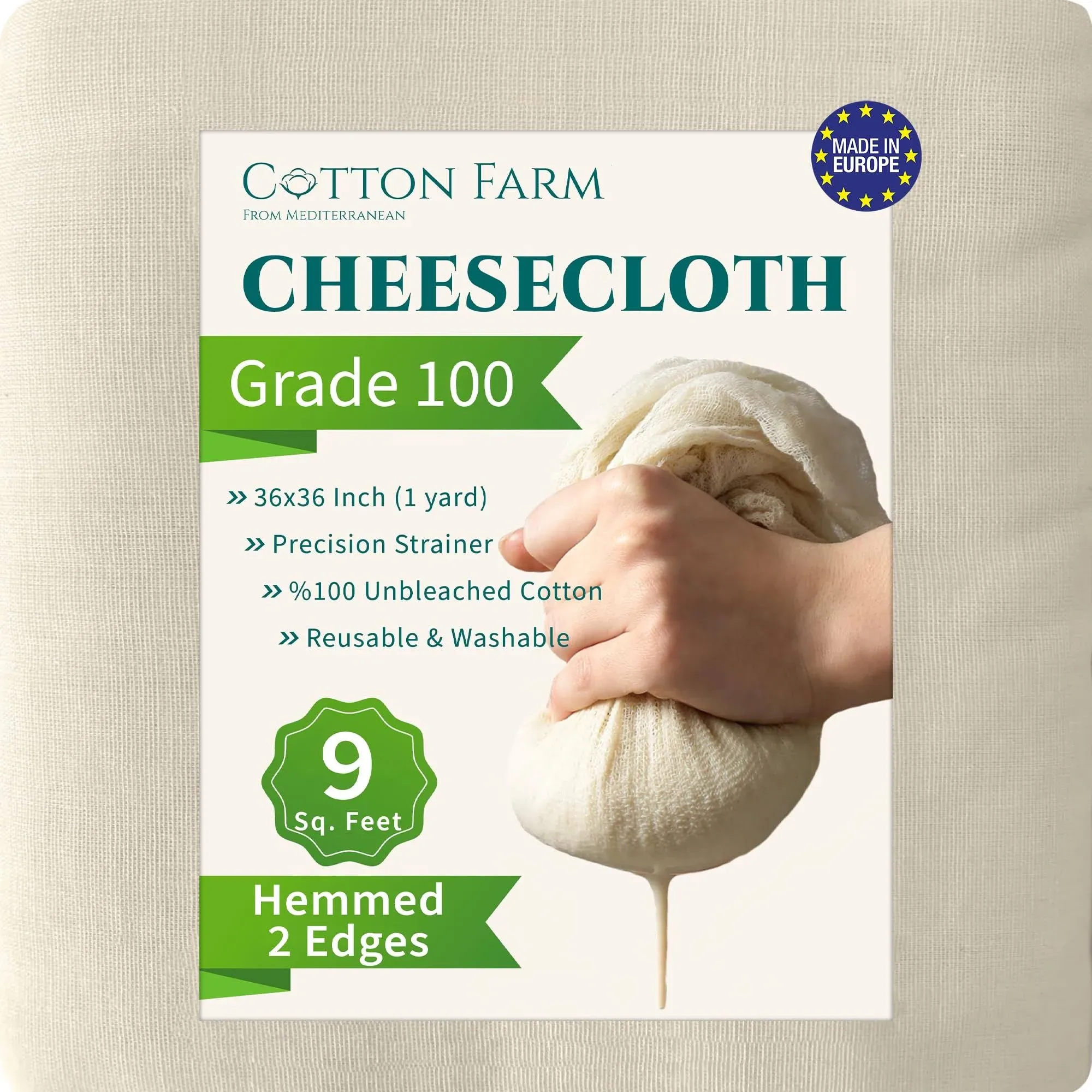 Cotton Farm from Mediterranean New Cotton Farm - Cheesecloth, Grade 100, 0.8sqm (1 Sq. yd.), Ultra Fine and Dense, Unbleached, Reusable, Washable; Best for Straining, Filtering