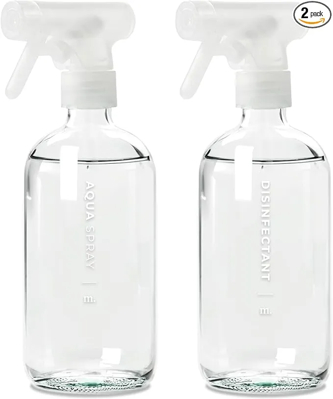 MAISONOVO Glass Spray Bottles for Cleaning | 16.9 fl oz Clear x 2 with 16 Labels