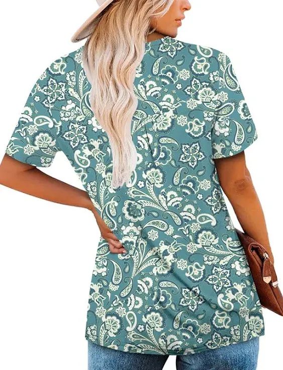 ONLYSHE Women's Summer Casual T-Shirt V-Neck Short Sleeve Tunic Tops Dressy Loose Blouse Pleated Shirt