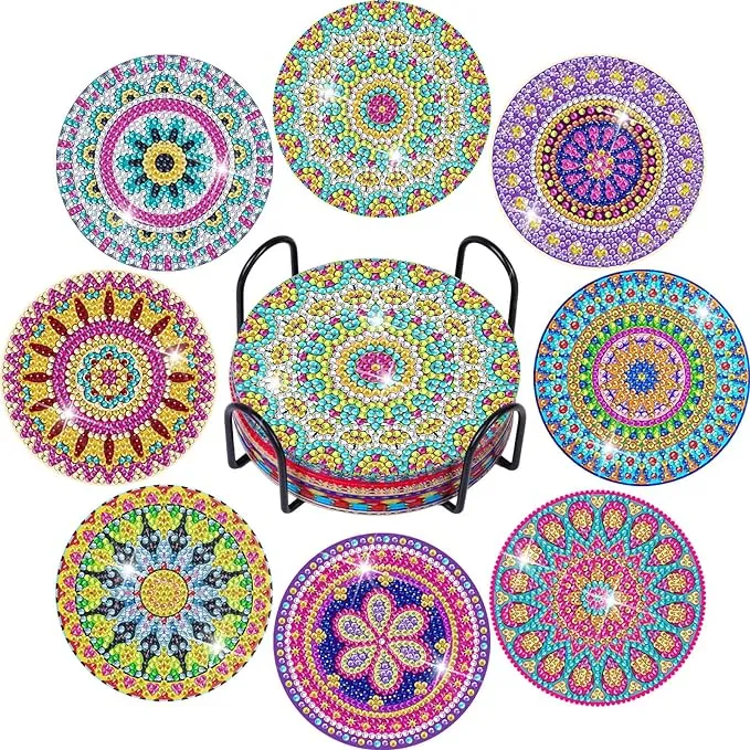 Billbotk Diamond Art Painting Coasters Kit, 8 Pieces Mandala Diamond Art Coasters with Holder, DIY Diamond Mandala Coasters for Beginners, Kids