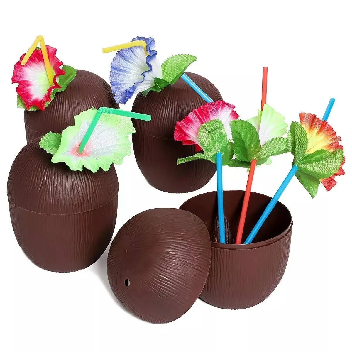 Juvale 12-Pack 16 Ounce Plastic Coconut Cups with Straws, Hawaiian Tropical Luau ...