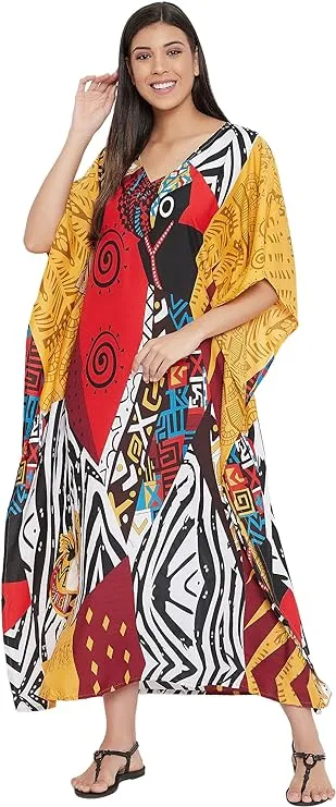 Oussum Gypsie Blu Paisley Print Kaftan for Women Polyester Caftan Dress Kimono Sleeve Plus Size Beach Maxi Dresses