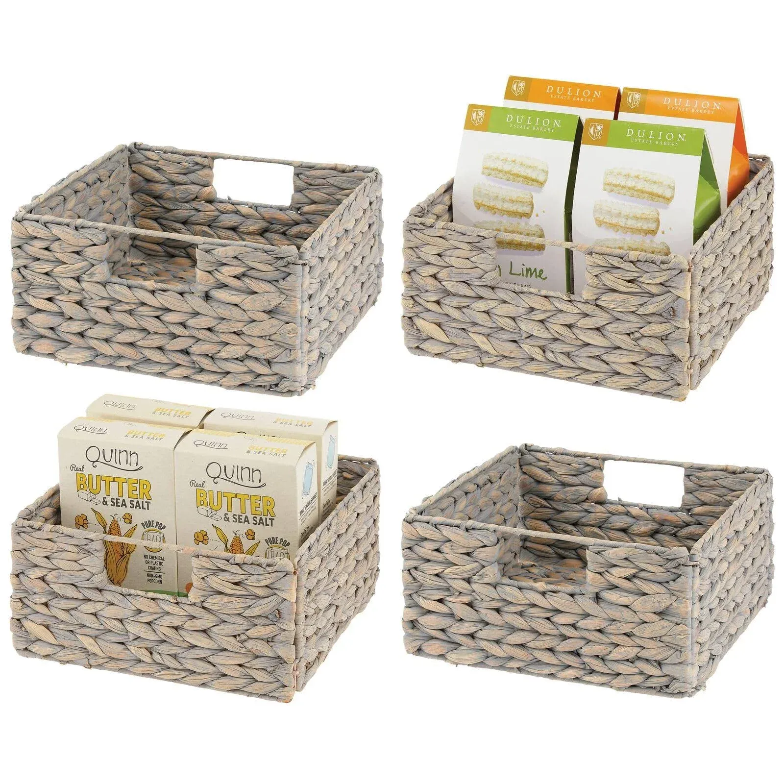 mDesign Woven Hyacinth Kitchen Basket Organizer with Handles - 4 Pack, Gray Wash