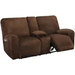 ULTICOR Reclining Love Seat with Middle Console Slipcover 8-Piece Velvet Stretch 2 Seat Loveseat Recliner Cover Thick Soft Washable Chocolate