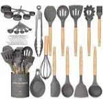 33-Piece Silicon Cooking Utensils Set with Wooden Handles and Holder for Non-Stick Cookware Gray