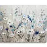 Stupell Industries Birds Floral Meadow Blue White Blossoms , 40 x 30, Design by Nan