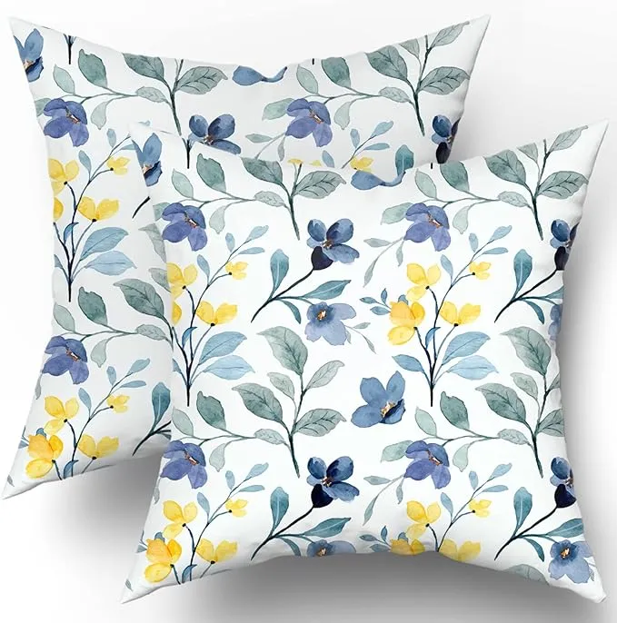 Yellow Blue Floral Throw Pillow Covers 18x18 Inch Watercolor Sage Green Leaves Decorative Pillow Case Soft Cotton Square Cushion Covers for Couch Sofa Bedroom Livingroom (Pack of 2)