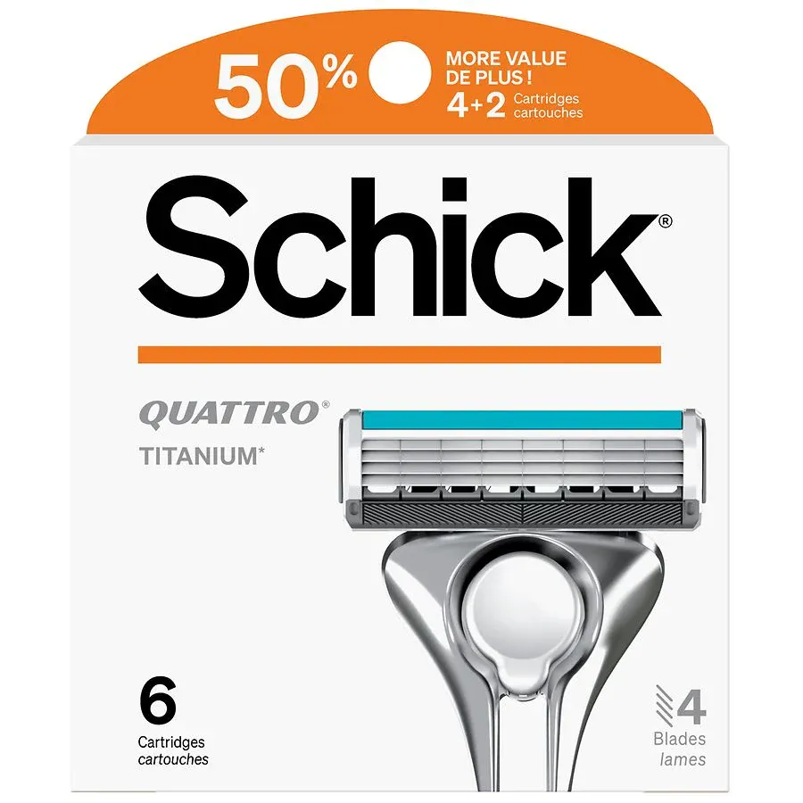 Schick Quattro - Recambios de titanio Schick Quattro, repuestos de maquinilla de afeitar para hombre, 6 unidades y gel de afeitado Edge para hombres, piel sensible con aloe, 7 onzas (paquete de 3) -