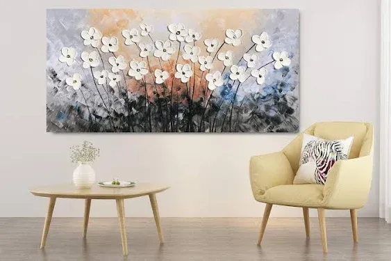 Yihui Arts Hand Painted Texture Large Oil Painting on Canvas Flower Wall Art for Living Room Decor Contemporary Artwork Framed Ready to Hang