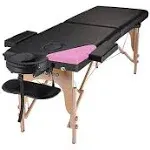 Portable Massage Table Massage Bed Professional Spa Reiki Eyelash Salon Bed, Wooden Frame Height Adjustment & Accessories, Black (3-Section)