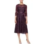 Alex Evenings Women's Tea Length Embroidered Dress Illusion Sleeves (Petite Missy)