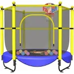 60" Trampoline for Kids, 5 FT Indoor & Outdoor Small Toddler Trampoline with Basketball Hoop, Safety Enclosure, Baby Trampoline Toys, Birthday Gifts for Kids, Gifts for Boy and Girl, Age 3-8