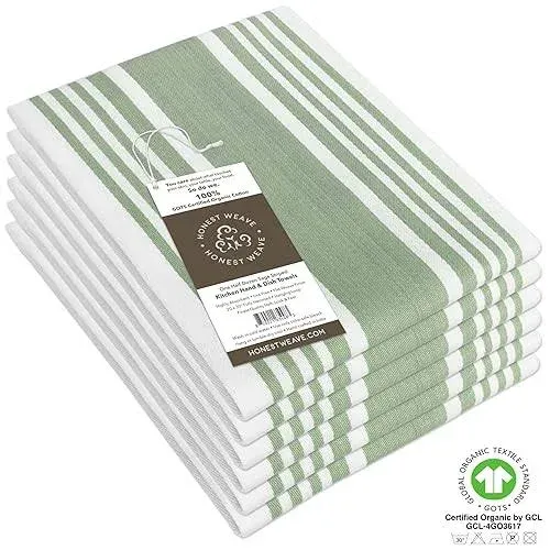 GOTS Certified Organic Cotton Kitchen Hand and Dish Towel Sets - Oversized 20x30 inches, Fully Hemmed, in Designer Colors, 6-Pack, Sage Stripe