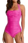 Smismivo Tummy Control Swimwear Halter One Piece Slimming Vintage Retro Swimsuit Womens Ruched Push Up Bathing Suit