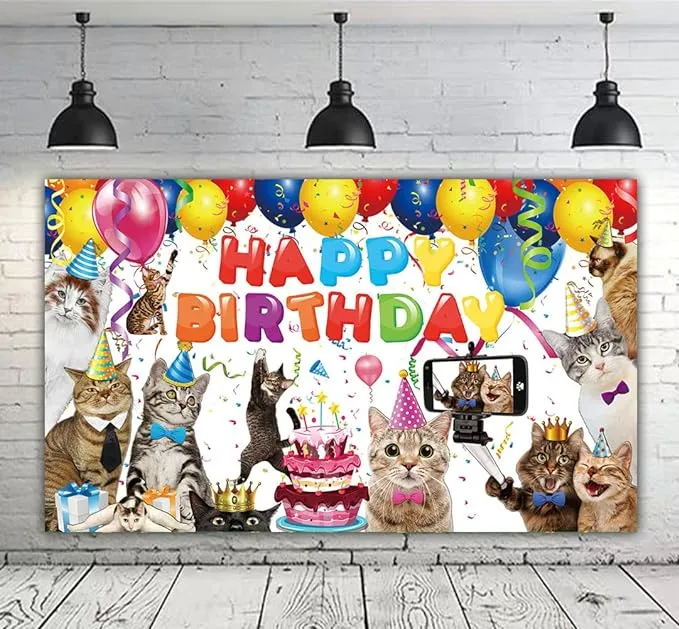 6 x 3.6ft Cat Happy Birthday Backdrop Cat Birthday Sign Banner Kitties Birthday Party Supplies Decoration Pet Cat Paw Theme Birthday Backdrop