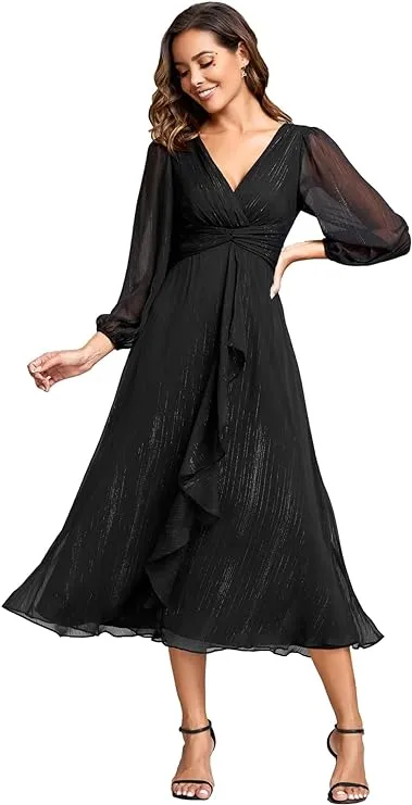 Ever-Pretty Women's Elegant A Line Ruched V Neck Long Sleeves Tea-Length Wedding Guest Dresses 01977