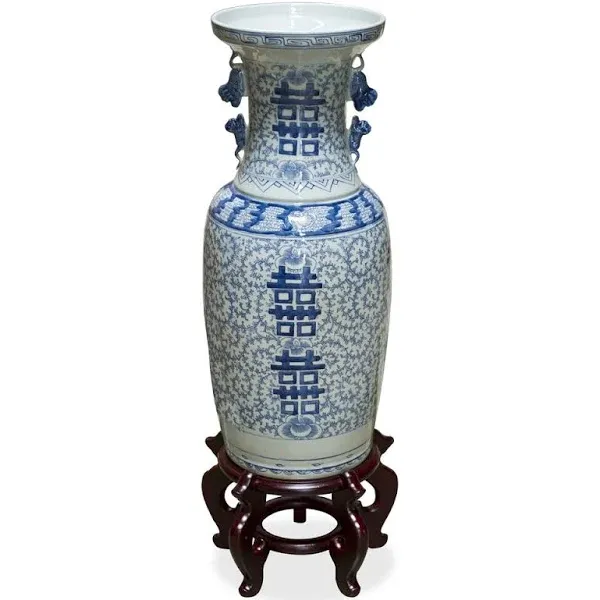 China Furniture Online Blue and White Vintage Qing Double Happiness Chinese Vase