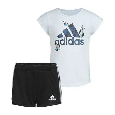 adidas Little Toddler Girls White Graphic T-Shirt & Mesh Shorts Set