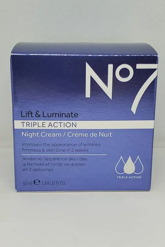 No7 Lift & Luminate Triple Action Fragrance Free Night Cream - Anti Wrinkle, Collagen Peptide Brightening Cream - Skin Firming Hyaluronic Acid & Hibiscus + Vitamin C Face Cream (50ml)