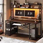 Gaming Computer Desk with LED Lights, Drawer, Power Outlet, Storage Shelves, Black