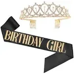 Birthday Girl Sash & Rhinestone Tiara Set - Birthday Gifts Birthday Sash for Women Birthday Party Supplies (Black/Gold)