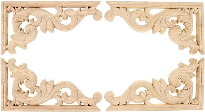 MUXSAM Wood Carved Appliques Corners Onlay, 2-Pair Unpainted Vintage Wooden Carvings Decals for Cabinet Mirror Mantel Fireplace Wall Door Headboard Dresser Wardrobe DIY Project, 13x7cm/5.12"x2.76"