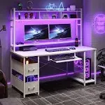 Computer Desk with Drawer and Power Outlet, 55 inch Gaming Desk with LED Lights and Hutch, Gamer Desk PC Table, White, Size: 21.6D x 55W x 64.5H