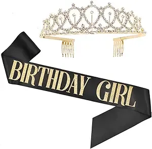 Birthday Girl Sash & Rhinestone Tiara Set - Birthday Gifts Birthday Sash for Women Birthday Party Supplies (Black/Gold)