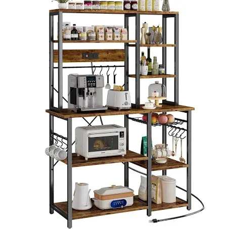 SUPERJARE Large Bakers Rack with Power Outlets, 6-Tier Microwave Stand, Coffee Bar with 12 S-Shaped Hooks, Kitchen Shelf with Wire Basket, 39.3 x 15.5 x 66.9 Inches, Rustic Brown