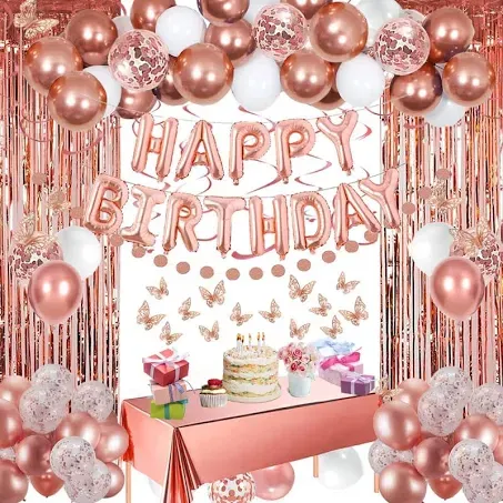 Rose Gold Happy Birthday Party Decorations for Women, Happy Birthday Banner for Her, Fringe Curtains, Foil Tablecloth, Confetti Balloons, Butterfly Decor for 13th 16th 18th 21st 30th 40th 50th