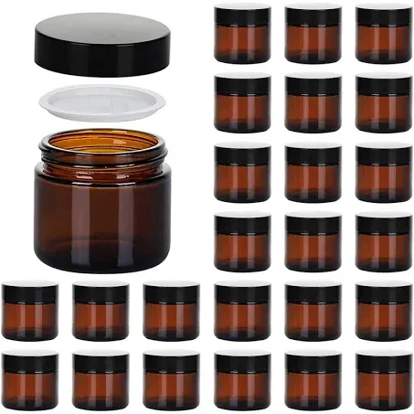 2oz Jars with Lids, Hoa Kinh 24 Pack Amber Glass Jars with Lids Empty Cosmetic Containers Round Airtight Glass Jar with Inner Liners and black Lids for Storing Lotions, Powders, and Ointments