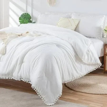 White Full Size Comforter Set, Pom Pom Fringe Bedding with Lightweight Microfiber ...