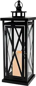 LumaBase Metal Lantern with LED Candle, Black Crisscross