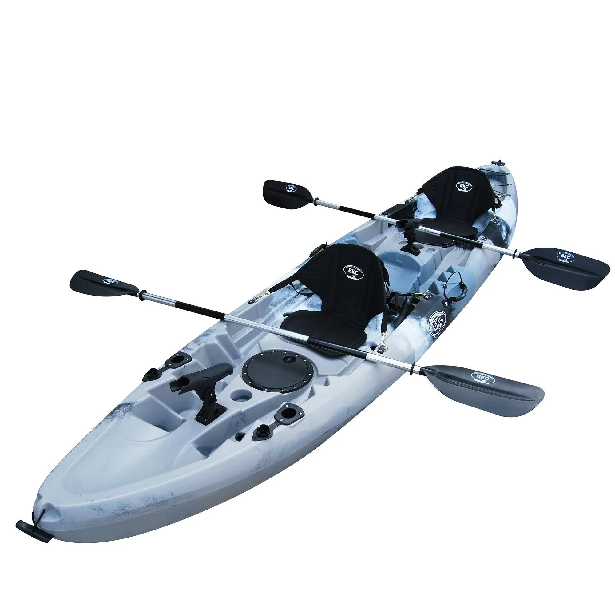 BKC TK219 12.2' Tandem Fishing Kayak | 2-3 Person Angler Kayak | Padded Seats, Paddles, 6 Rod Holders | Grey Camo