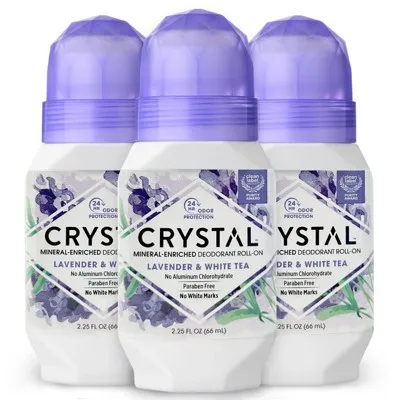 CRYSTAL Aluminum Free Mineral Deodorant Roll-On for Women & Men, Lavender & White Tea - Paraben Free - Certified Cruelty Free & Vegan Deodorant - Prevents Odor Up to 24 Hours ,2.25 Fl Oz (Pack of 3)