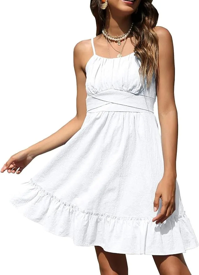 ROYLAMP Women&#039;s Summer Spaghetti Strap Dress Casual Wrap Sleeveless Backless Ruf