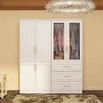 2-Combination White Wood 63.3 in. W 6-Door Big Armoires with 2 Hanging Rods, 3-Drawers, Shelves 74.8 in. H x 19.3 in. D